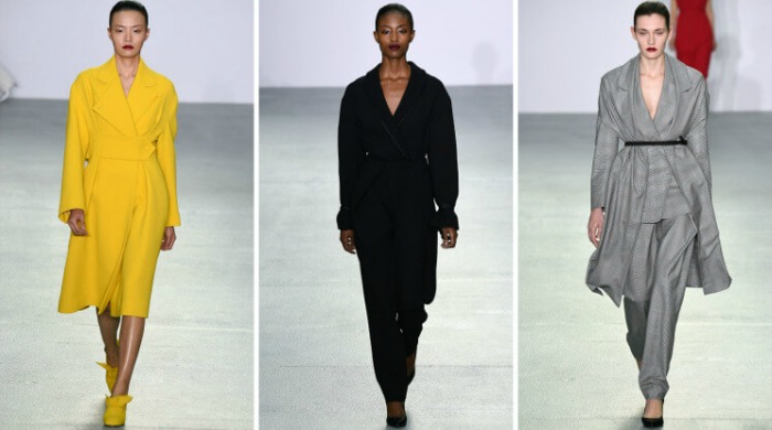 Three models on the catwalk for the J. JS Lee AW16 show.