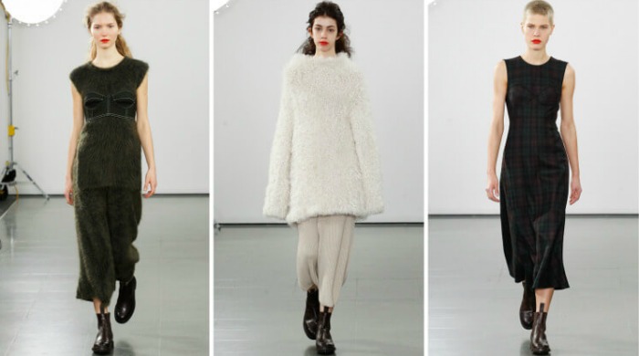 Three models on the catwalk for the Pringle of Scotland AW16 show.