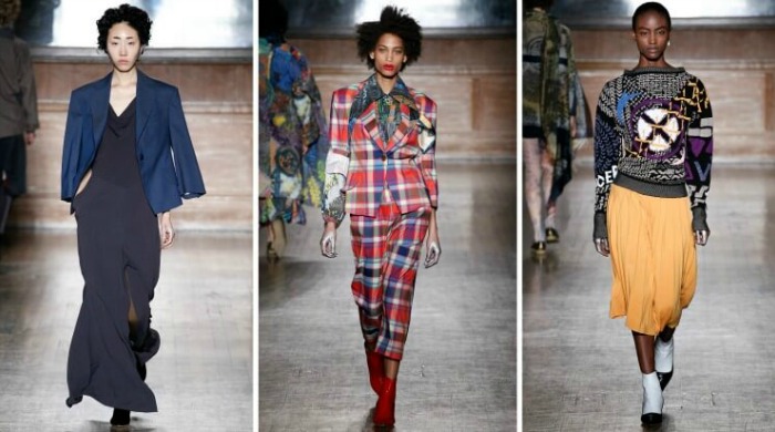Three models on the catwalk for the Vivienne Westwood Red Label AW16 show.