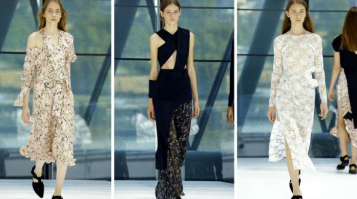 Models on the catwalk for the Preen by Thornton Bregazzi SS16 London Fashion Week show.