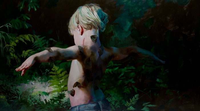 A painting of a boy covered with butterflies from the Markus Akesson 'The Woods' series.