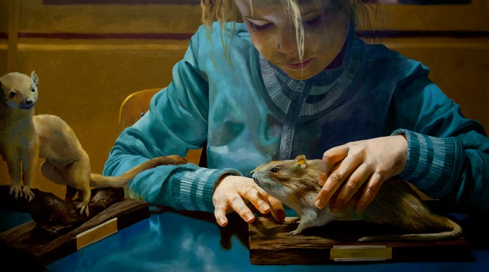 A painting of a girl with taxidermy animals from the Markus Akesson 'The Woods' series.
