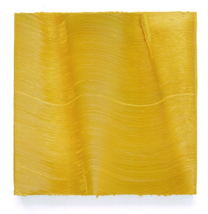 A square, yellow painting by Jason Martin.