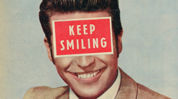 A Sammy Slabbinck collage of 'keep smiling' sign covering a man's eyes.