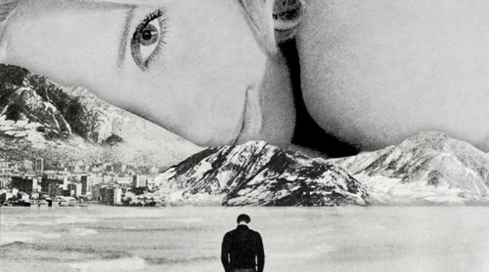 A Sammy Slabbinck collage of a man walking towards a woman above mountains.