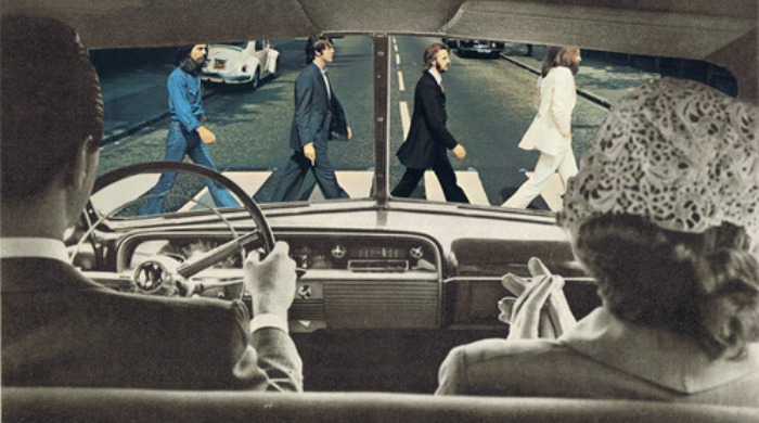 A Sammy Slabbinck collage of a car stopped in front of The Beatles.