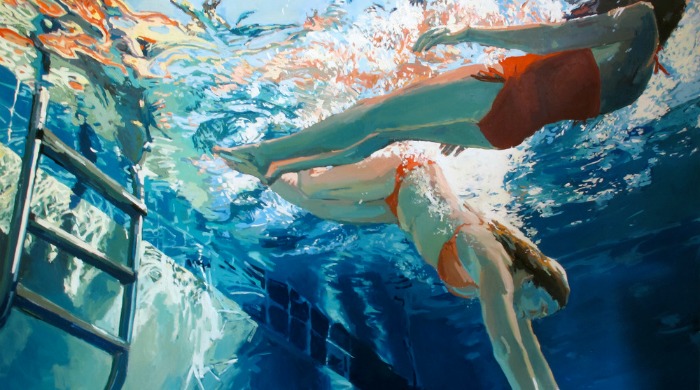 An underwater painting of two women by Samantha French.