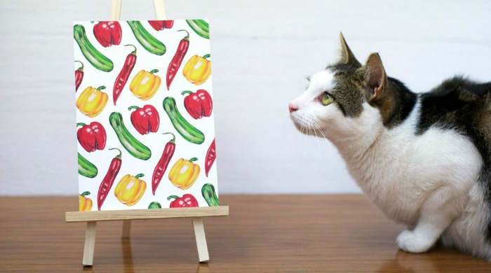 A painting of vegetables by Katrina Sophia next to a cat.