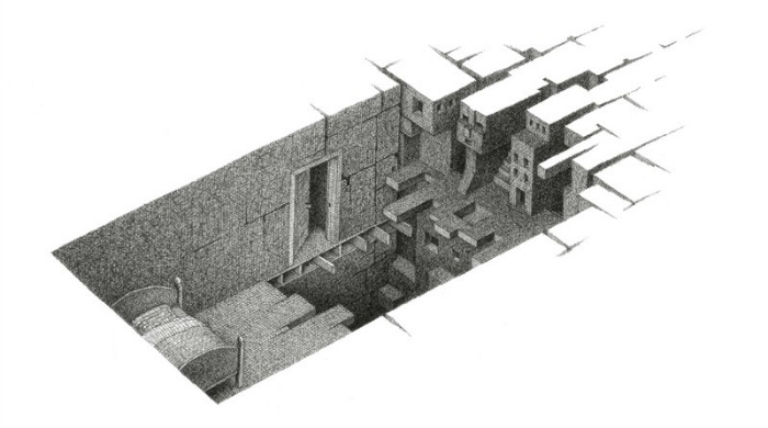 An abstract drawing of a room from above by Mathew Borrett.