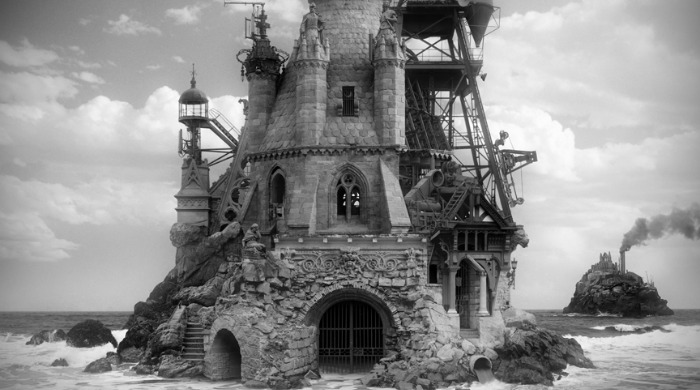 A smoking tower on the beach in black and white by Jim Kazanjian.