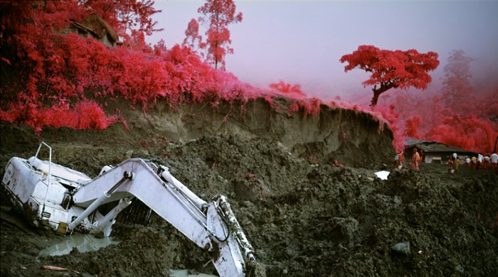 A digger stuck in mud in front of pink foliage from 'Infra' by Richard Mosse.