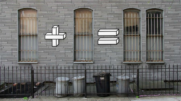 Barred windows with plus and equals signs painted between them by Aakash Nihalani.