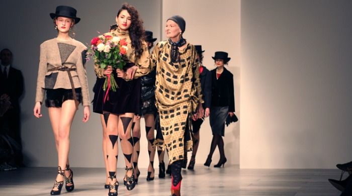 Vivienne Westwood on the catwalk with the models at London Fashion Week AW14.