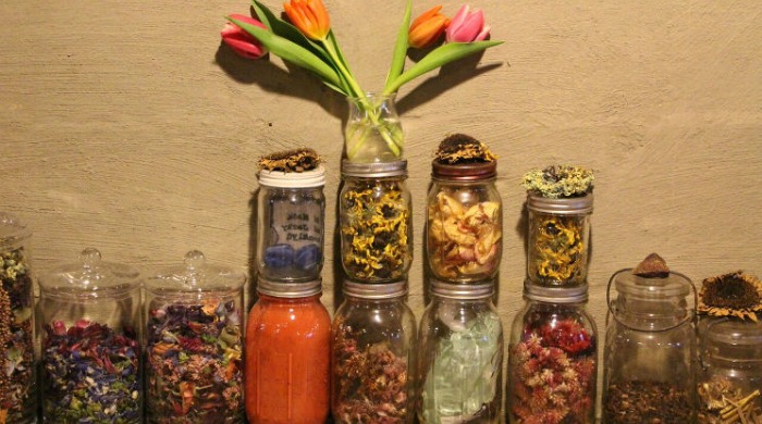 Jars of ingredients which will be used for dyes.