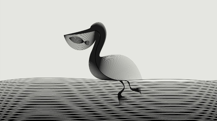 A monochrome illustration of a pelican by Andrea Minini.