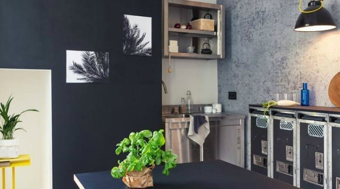 The kitchen of a Berlin apartment with potted plants.