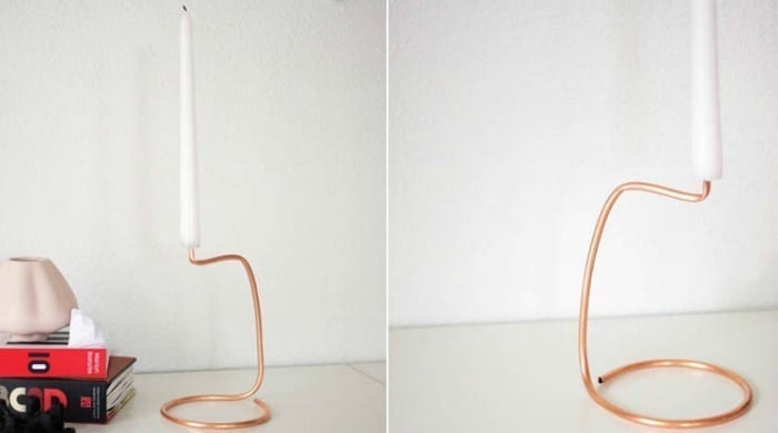 Two images of a DIY copper candlestick holder.