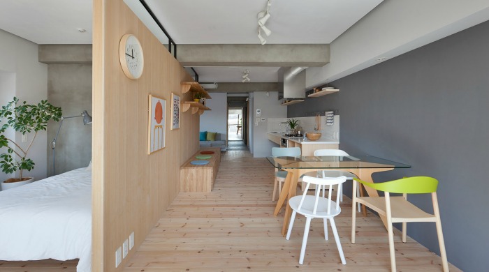 The dining and kitchen area of the Fujigaoka M apartment by Sinato Architects.