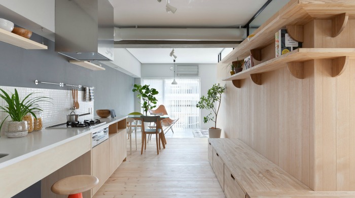 The dining and kitchen area of the Fujigaoka M apartment by Sinato Architects.