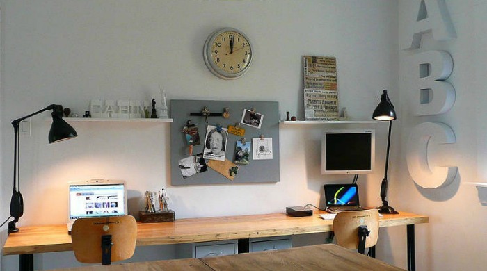 A minimalist, utilitarian and rustic home office.