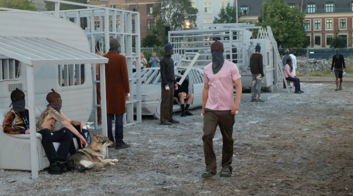 Models on the trailer-park style runway for Han Kjøbenhavn SS16.