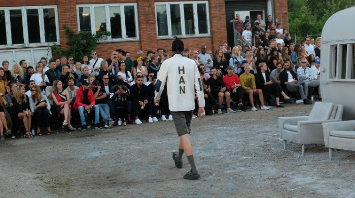 Models on the trailer-park style runway for Han Kjøbenhavn SS16.