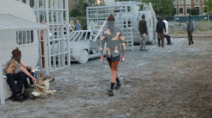 Models on the trailer-park style runway for Han Kjøbenhavn SS16.