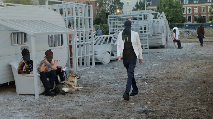 Models on the trailer-park style runway for Han Kjøbenhavn SS16.