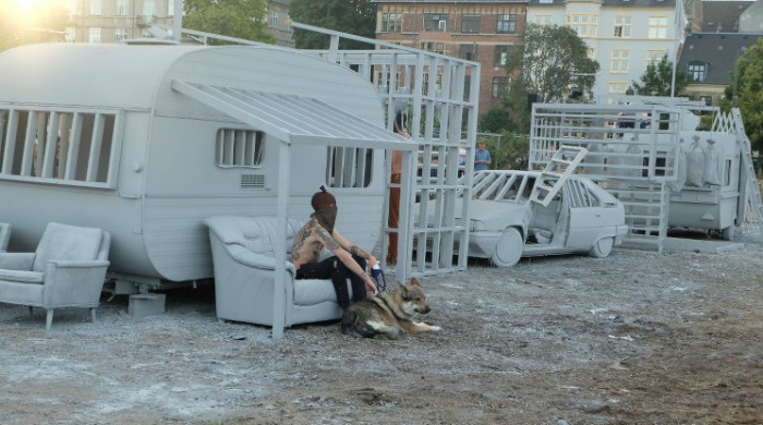 Models on the trailer-park style runway for Han Kjøbenhavn SS16.