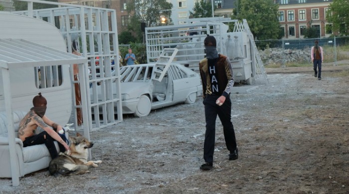 Models on the trailer-park style runway for Han Kjøbenhavn SS16.