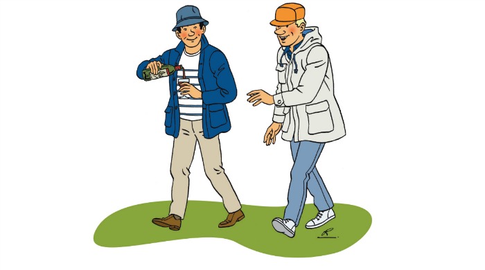 A cartoon drawing of two men wearing Arpenteur clothing.