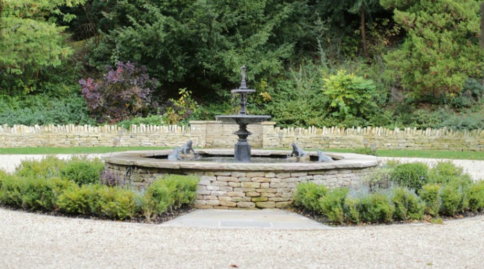 A fountain in the gardens of Foxhill Manor, Cotswolds.