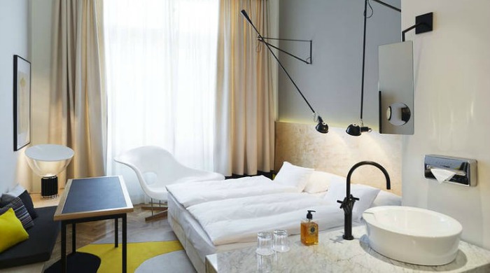A bedroom in Hotel Altstadt, Vienna.