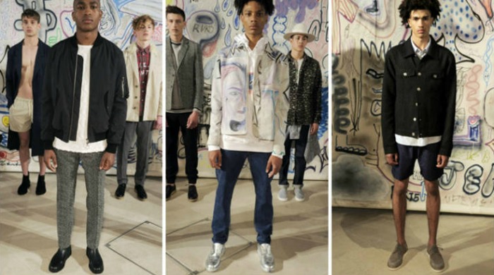 Male models at the London Collections Men Soulland SS16 show.