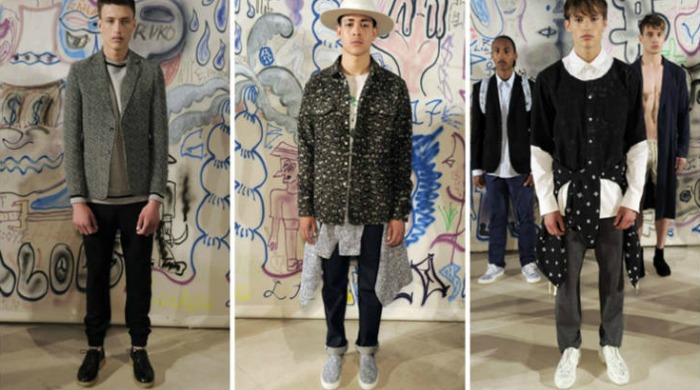 Male models at the London Collections Men Soulland SS16 show.