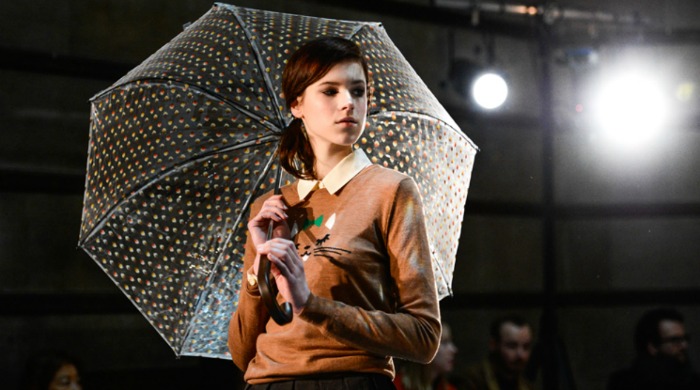 A model in the London Fashion Week Orla Kiely AW14 show.