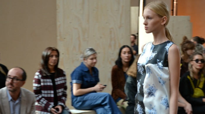 A model on the catwalk for the London Fashion Week Paul Smith SS15 show.